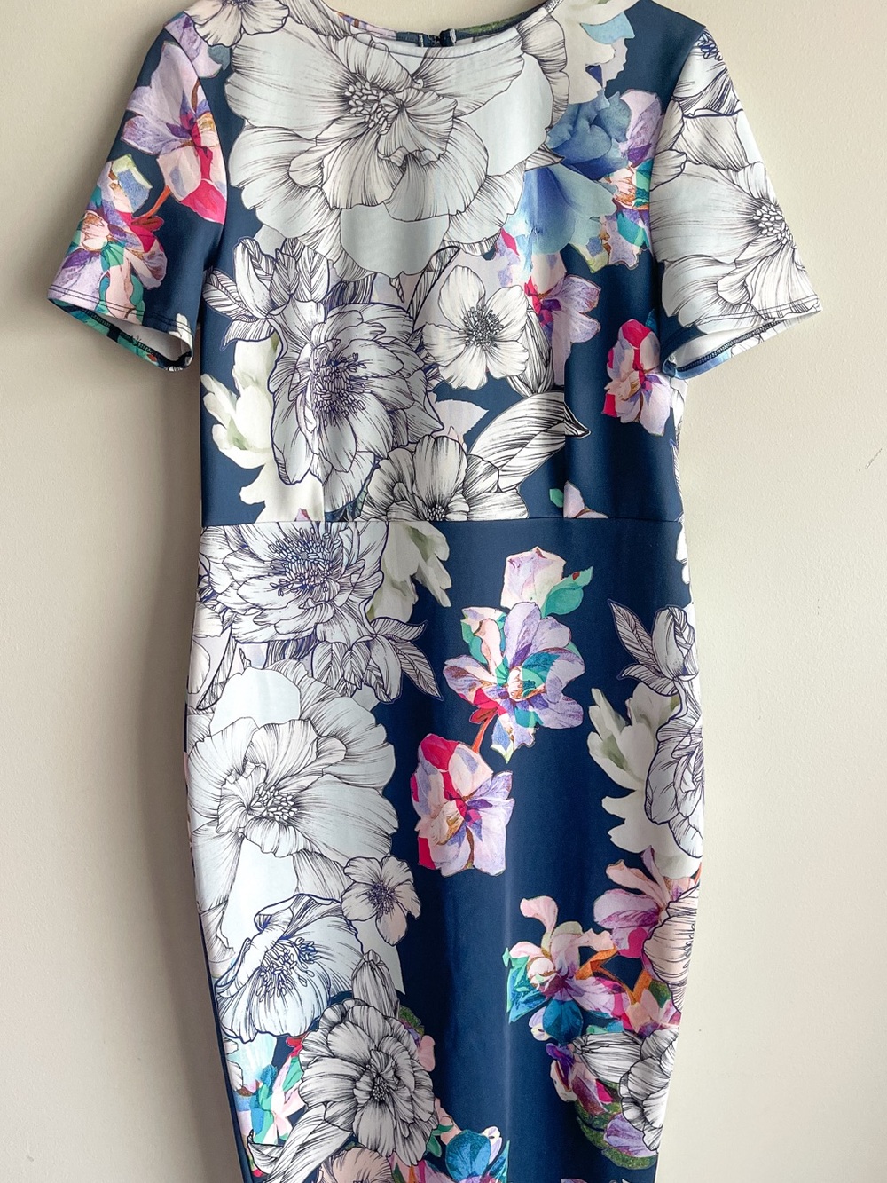 ASOS US 12 Navy Floral Scuba Midi Dress Short Sleeve Pencil Sheath